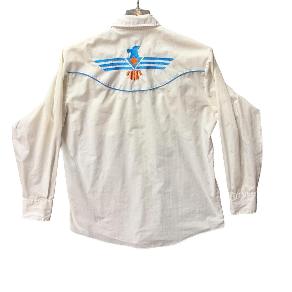 VTG Ely Diamond Thunderbird Western Shirt White Pearl Snap Korea 1980's Large